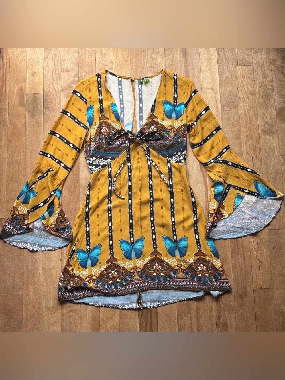 Farm Rio Brazil Mustard Yellow Butterfly Tie-Front Boho Women's Dress - Picture 4 of 11